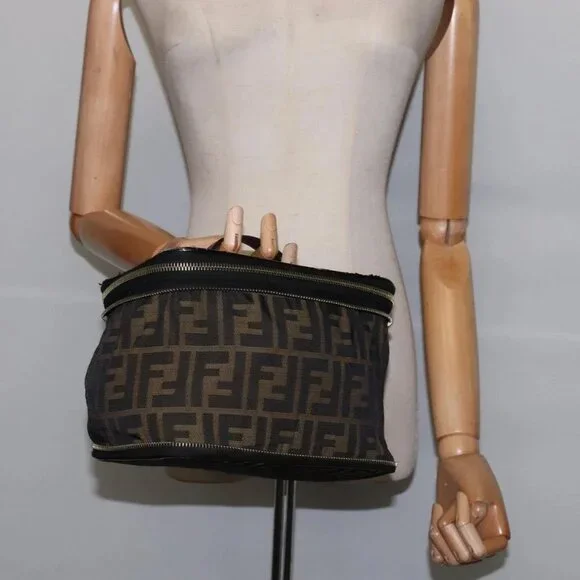 FENDI Zucca Canvas Vanity Pouch Black Brown gold Auth 145319